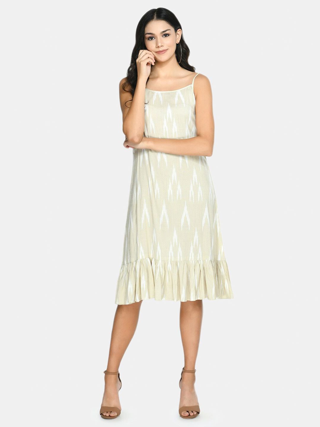 DesiNoor.com Women Beige & White Printed Shoulder Straps Pinafore Dress Price in India