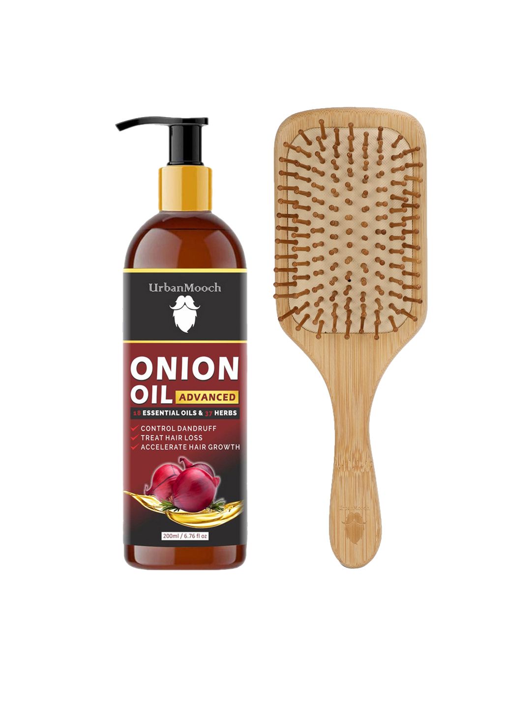 UrbanMooch Organic Red Onion Hair Oil with Bamboo Paddle Hair Brush Combo Kit