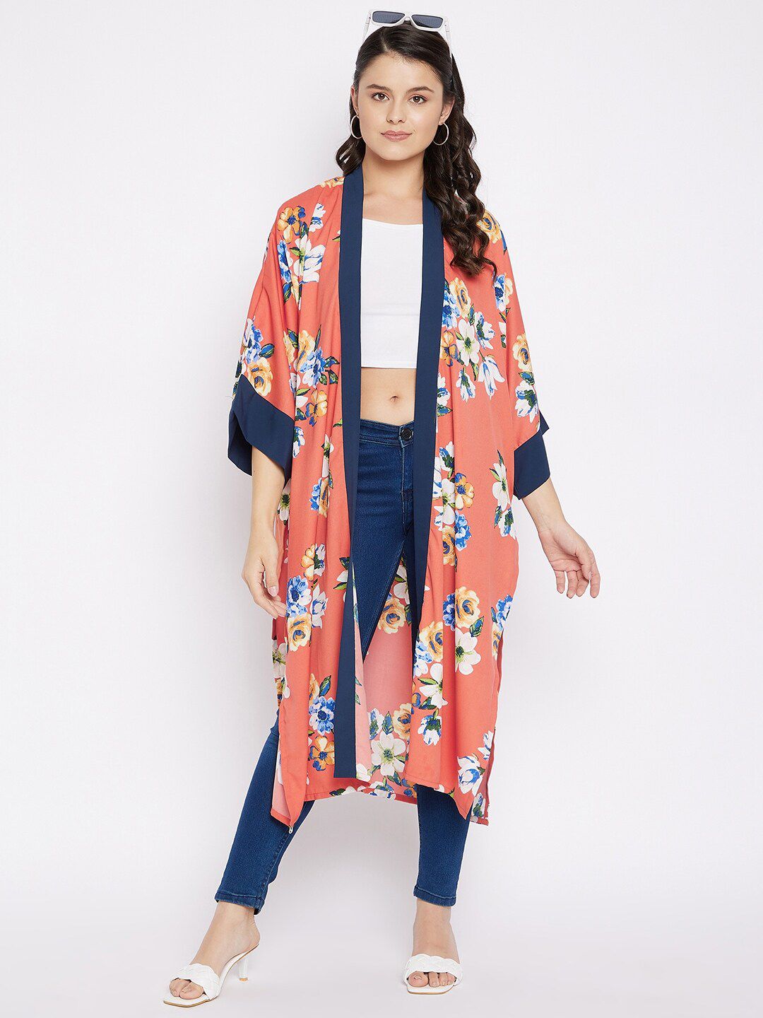 Ruhaans Women Pink & Navy Blue Printed Longline Shrug Price in India