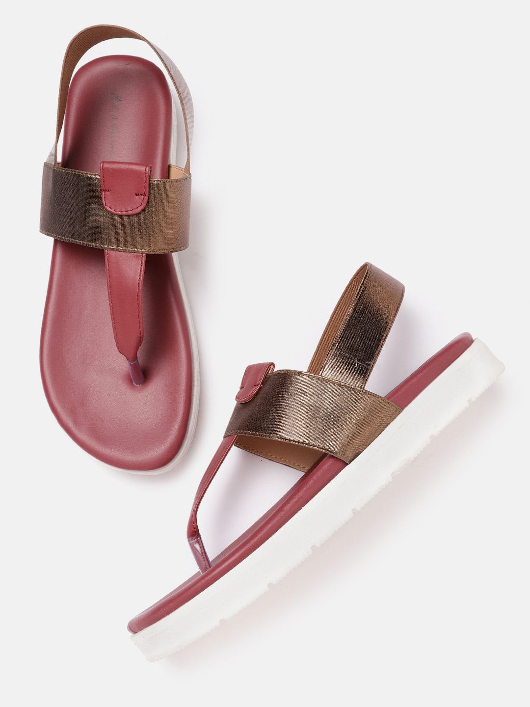 Mast & Harbour Women Maroon & Gold-Toned Colourblocked T-Strap Flats Price in India