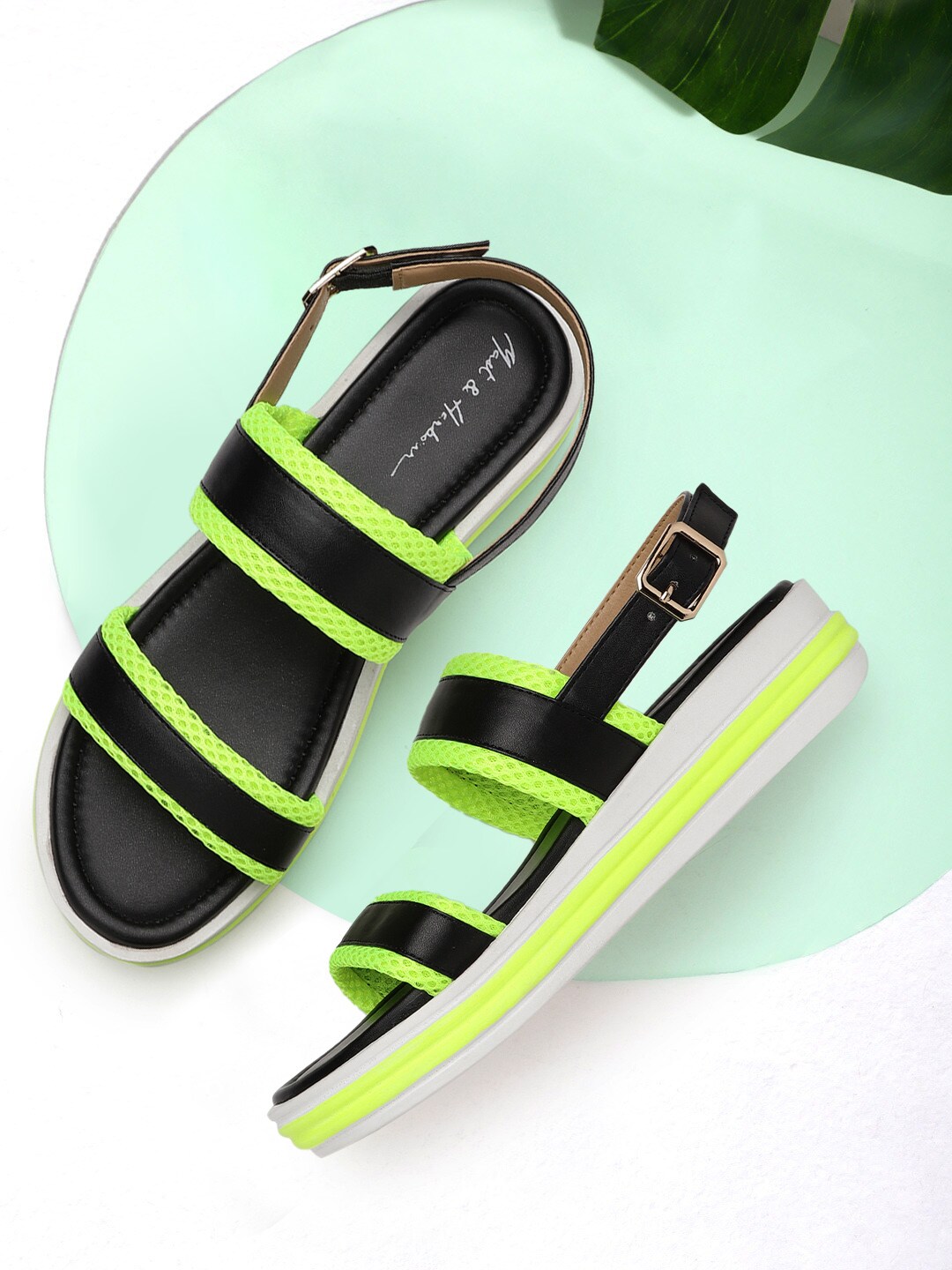 Mast & Harbour Black & Fluorescent Green Striped Flatform Heels Price in India