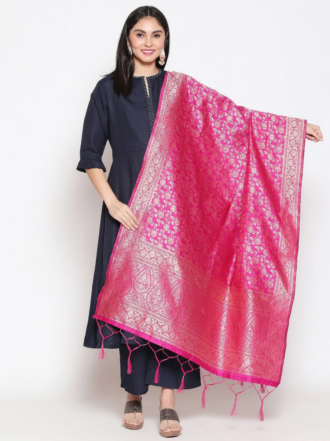 Dupatta Bazaar Pink & Gold-Toned Woven Design Banarasi Silk Dupatta Price in India