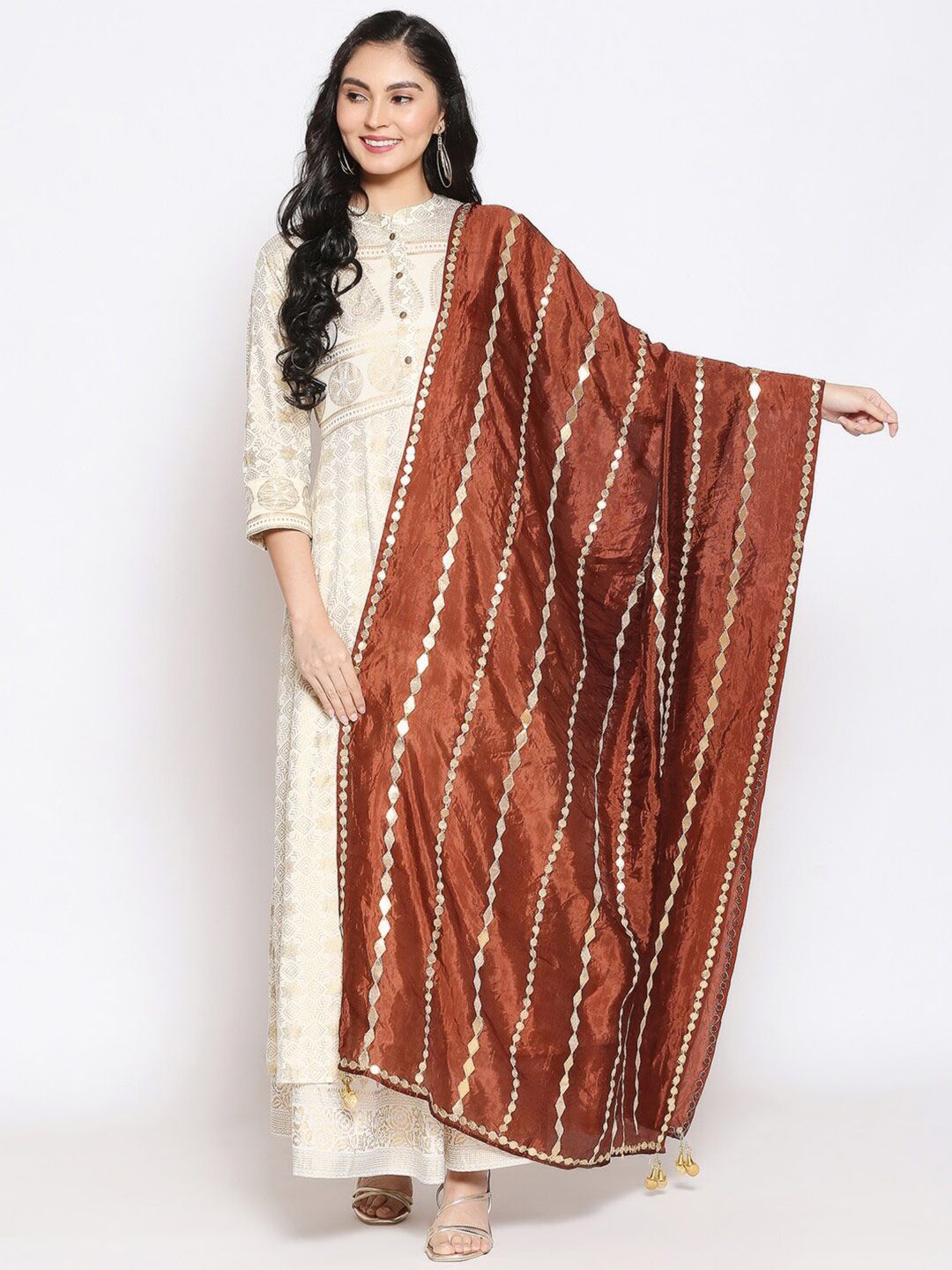 Dupatta Bazaar Brown & Gold-Toned Embroidered Dupatta with Gotta Patti