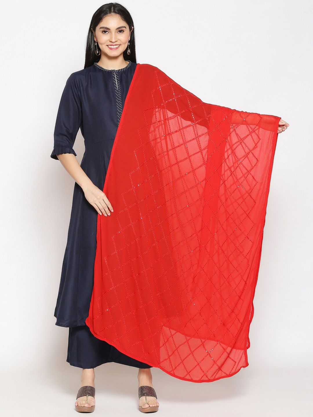 Dupatta Bazaar Red Embroidered Dupatta With Sequinned Price in India