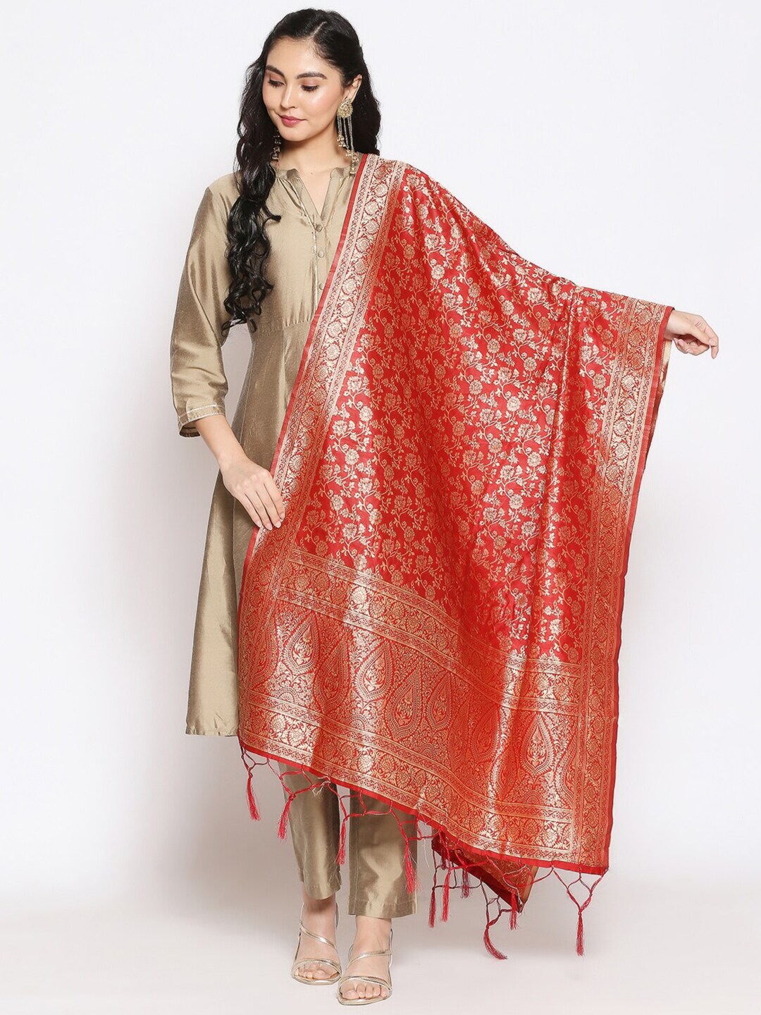 Dupatta Bazaar Red & Gold-Toned Woven Design Dupatta with Zari Price in India