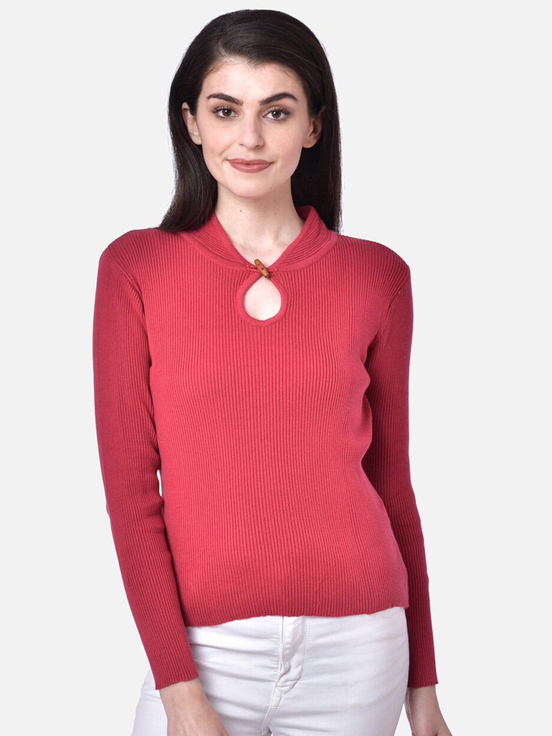 DAiSY Women Red Ribbed Cotton Pullover Price in India