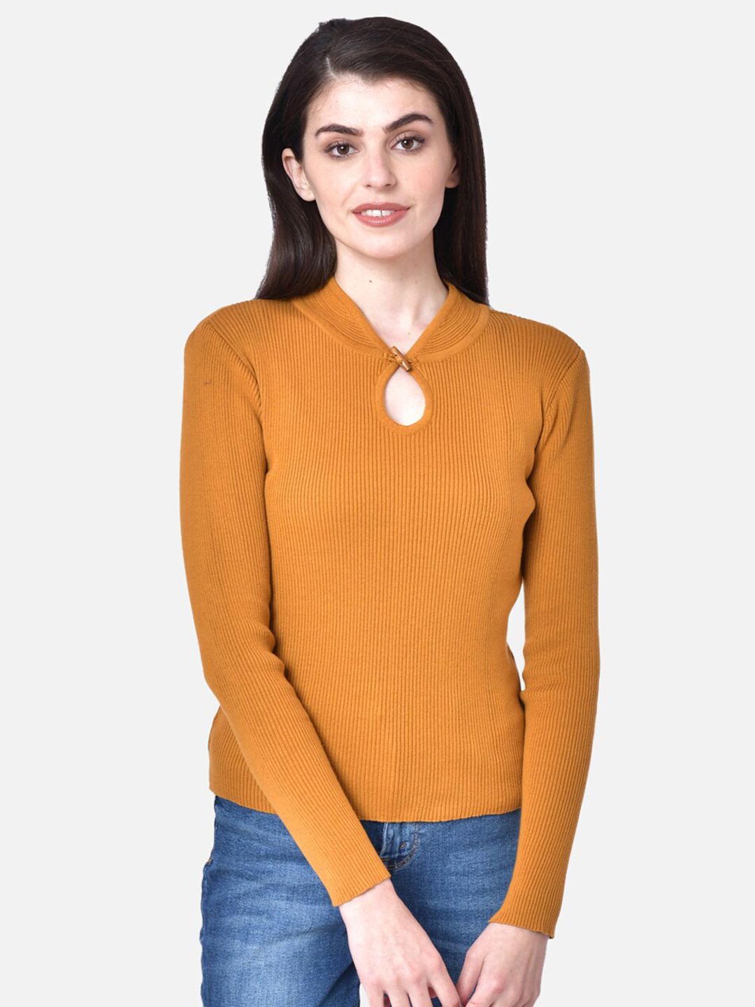 DAiSY Women Mustard Ribbed Cotton Pullover Price in India