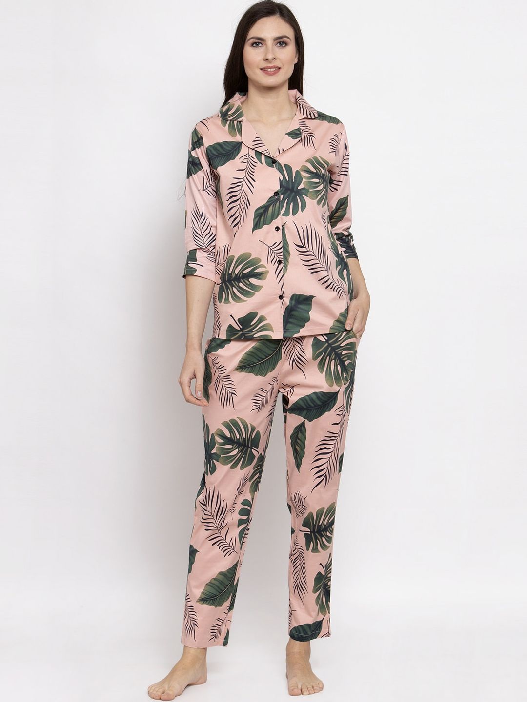 Claura Women Pink & Green Floral Printed Pure Cotton 2 Pc Night Suit Price in India