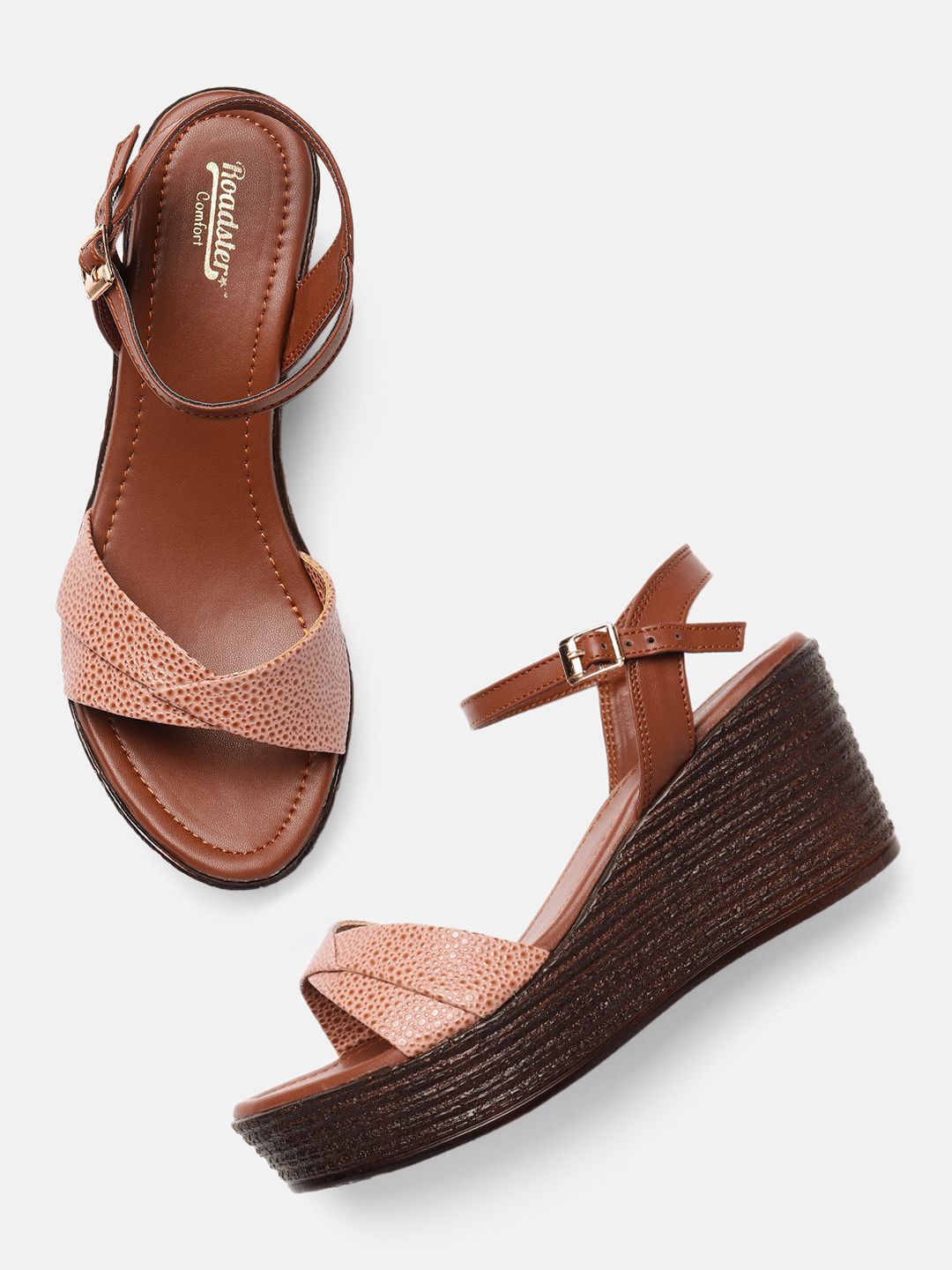 Roadster Brown Textured Wedge Sandals Price in India