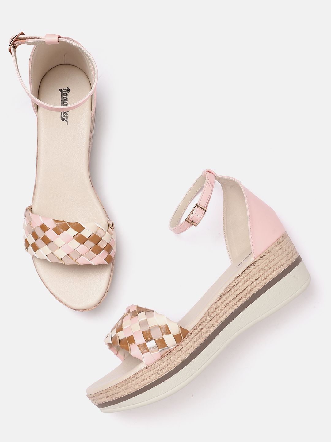 Roadster Pink & White Basketweave Wedges Price in India