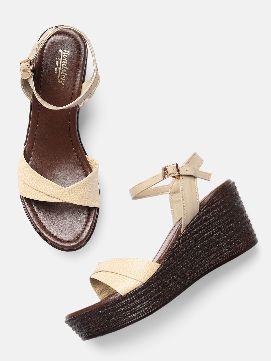 Roadster Beige Textured Wedge Sandals Price in India