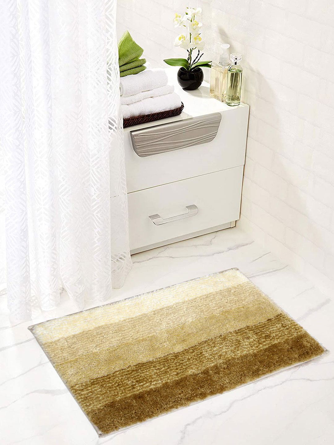 LUXEHOME INTERNATIONAL Beige & Brown Striped 1850 GSM Bath Rug Price in India