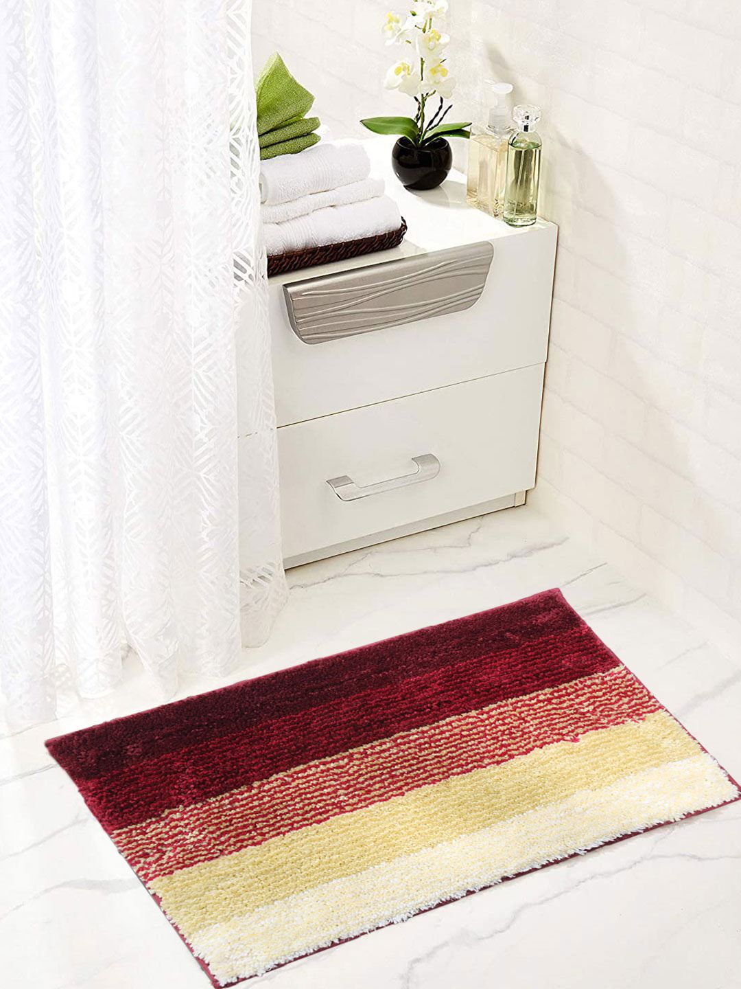 LUXEHOME INTERNATIONAL Red & Yellow Striped 1780 GSM Anti-Skid Bath Rug Price in India