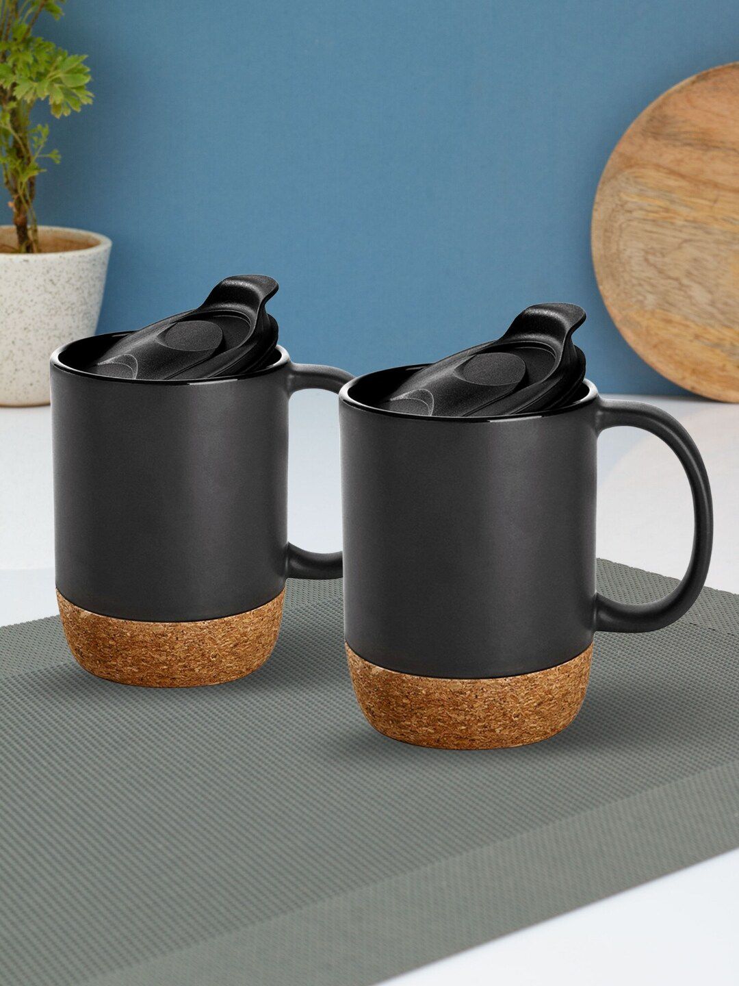 JCPL Set Of 2 Black Solid Ceramic Glossy Insulated Cork Base Mugs With Splash Price in India