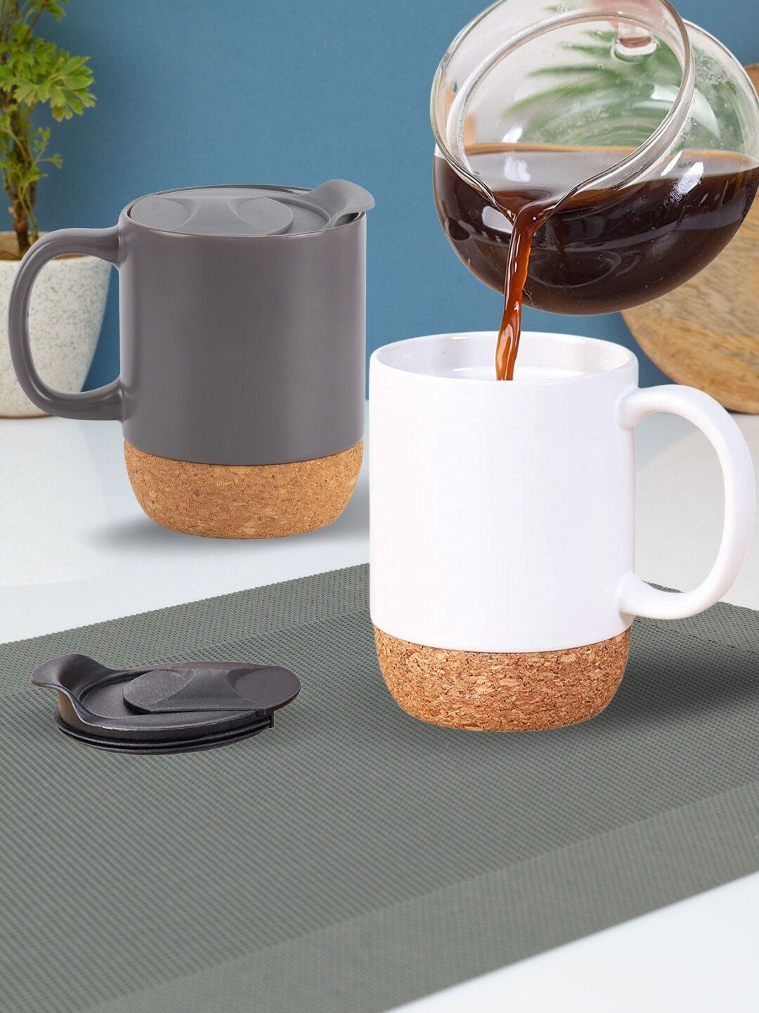 JCPL White & Grey Set Of 2 Insulated Cork Base Ceramic Glossy Mugs With Splash Proof Lid Price in India