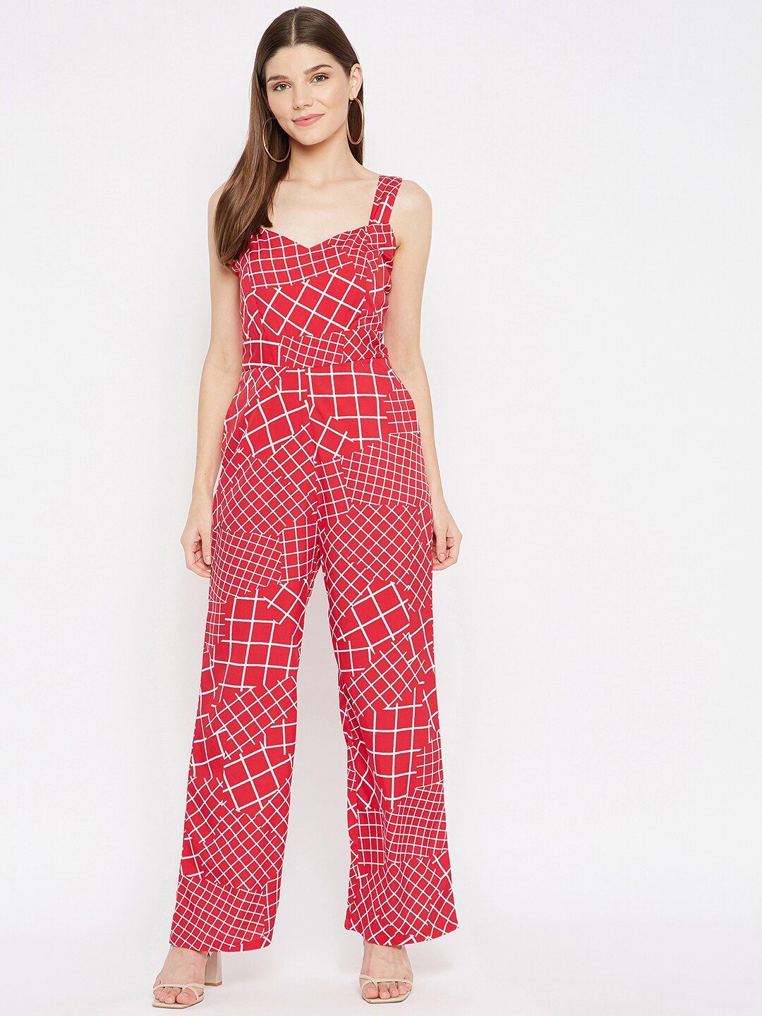 U&F Women Pink & White Checked Jumpsuit Price in India