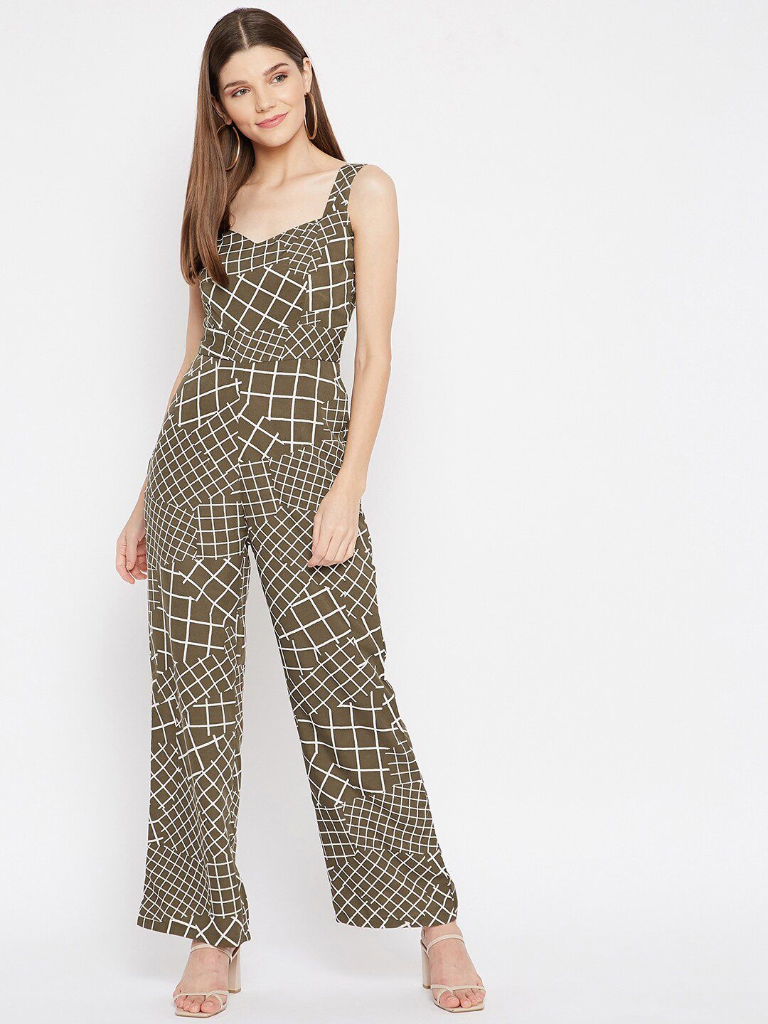 U&F Olive Green & White Printed Basic Jumpsuit Price in India