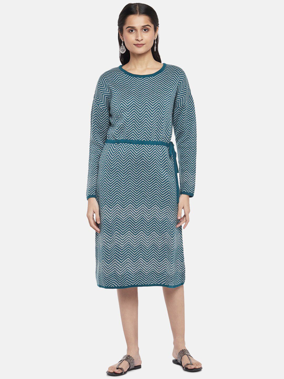 AKKRITI BY PANTALOONS Turquoise Blue Acrylic Chevron Sweater Dress With Belt Price in India