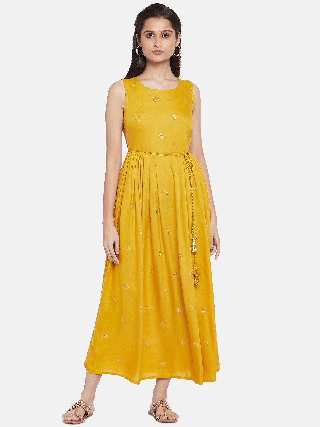AKKRITI BY PANTALOONS Mustard Yellow Ethnic Motifs Ethnic Midi Dress Price in India