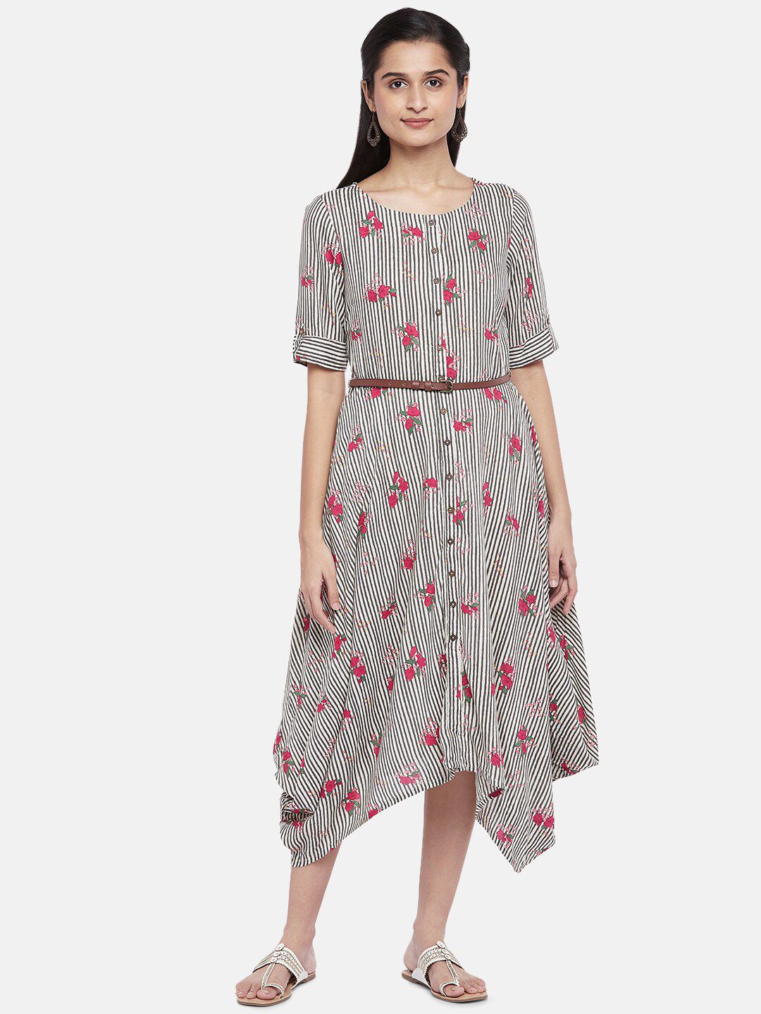 AKKRITI BY PANTALOONS Off White & Black Floral A-Line Midi Dress Price in India