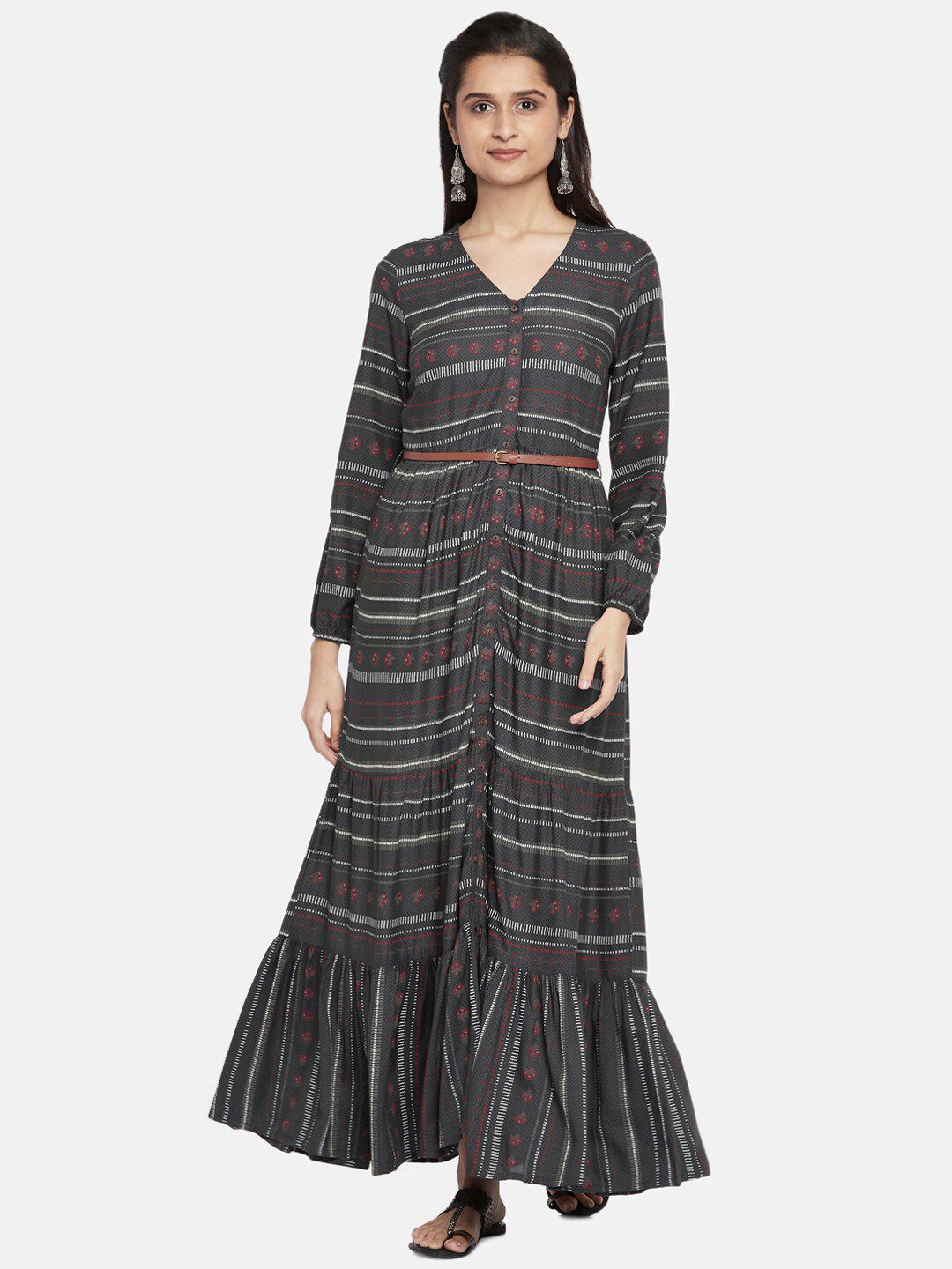 AKKRITI BY PANTALOONS Charcoal Striped A-Line Maxi Dress Price in India