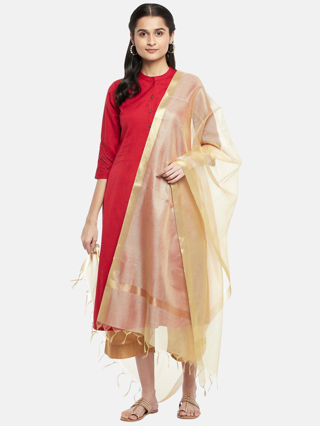 RANGMANCH BY PANTALOONS Gold-Toned Pure Silk Dupatta with Zari Price in India