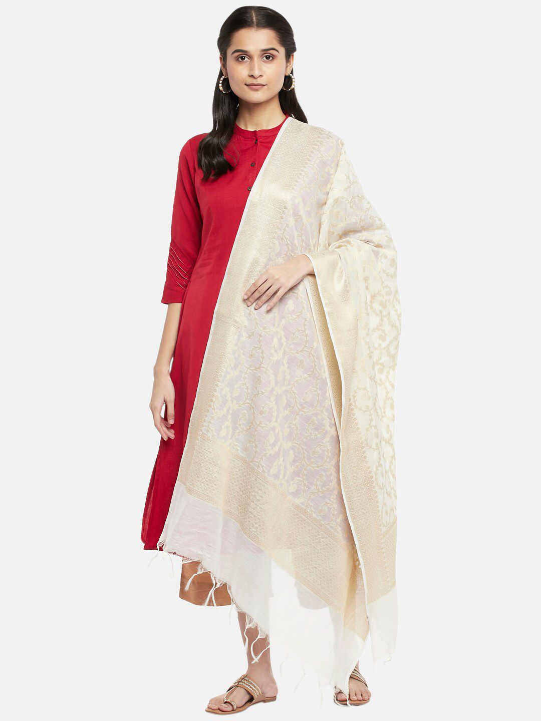 RANGMANCH BY PANTALOONS Off White & Gold-Coloured Woven Design Dupatta Price in India