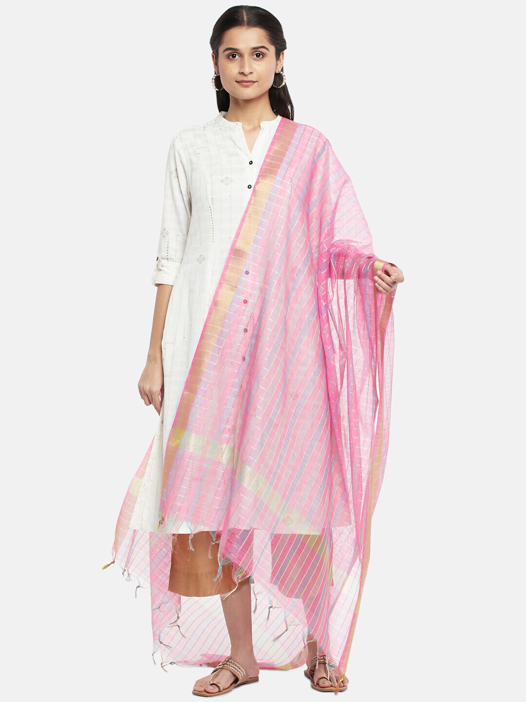 RANGMANCH BY PANTALOONS Pink & Gold-Toned Checked Zari Pure Silk Dupatta With Fringed Price in India