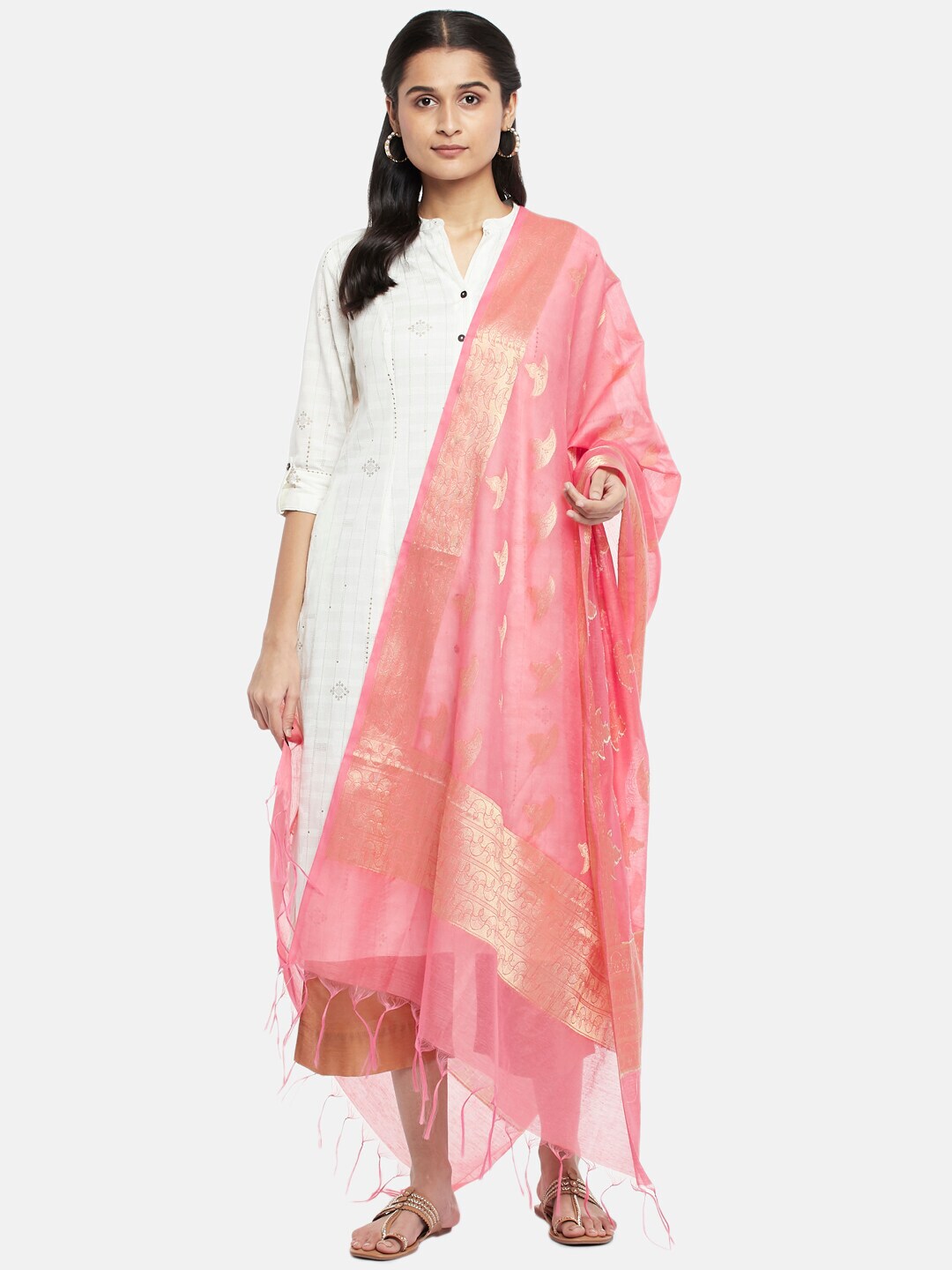 RANGMANCH BY PANTALOONS Pink & Gold-Toned Woven Design Pure Silk Dupatta with Zari Price in India