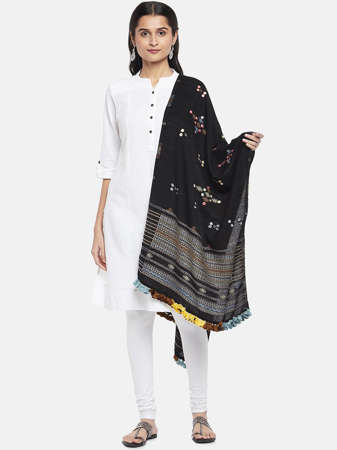 RANGMANCH BY PANTALOONS Women Black & Blue Embroidered Shawl Price in India