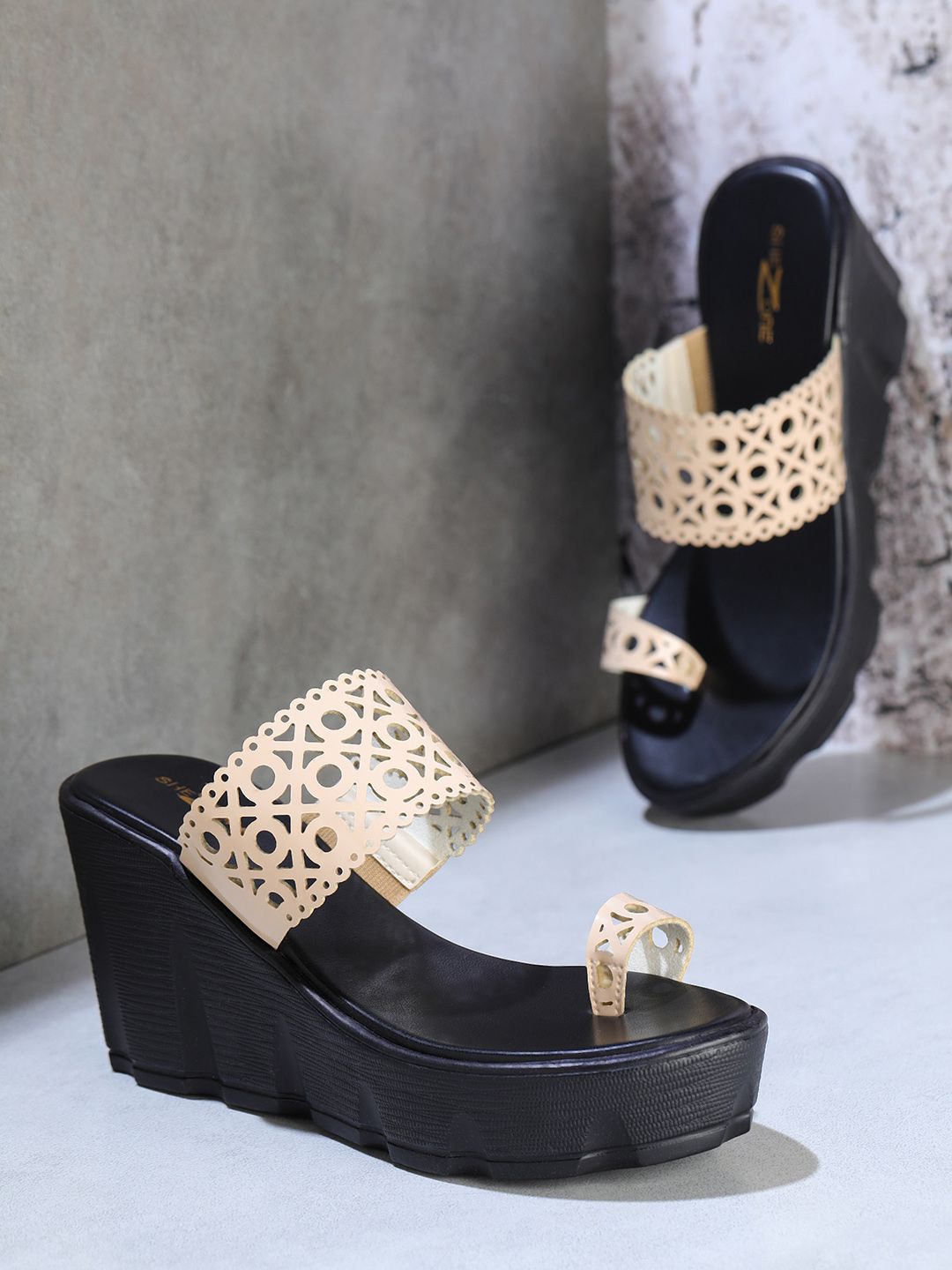 Shezone Women Cream-Coloured Wedge Heels with Laser Cuts Price in India