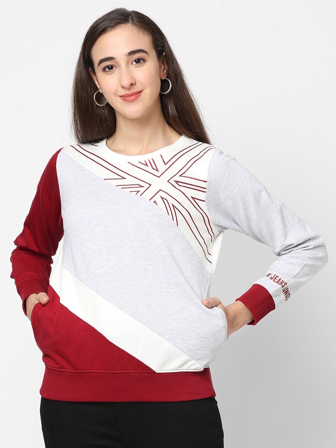 Pepe Jeans Women Red Colourblocked Pure Cotton Sweatshirt Price in India