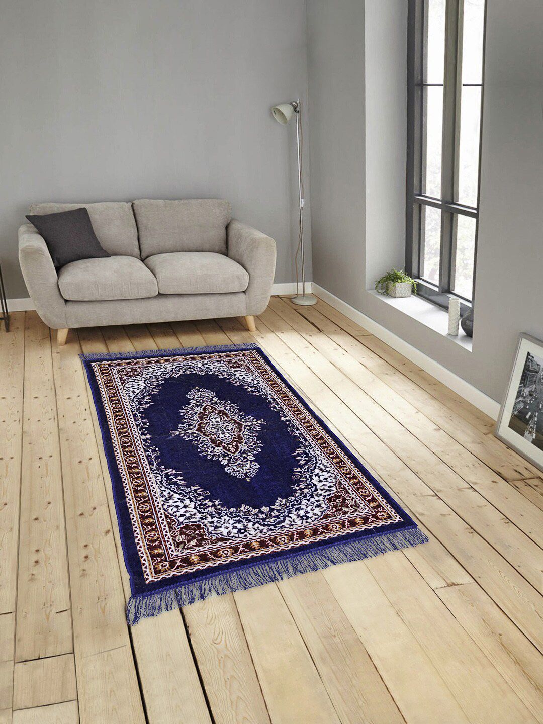 KLOTTHE Blue & White Ethnic Motifs Printed Traditional Anti-Skid Floor Carpet Price in India