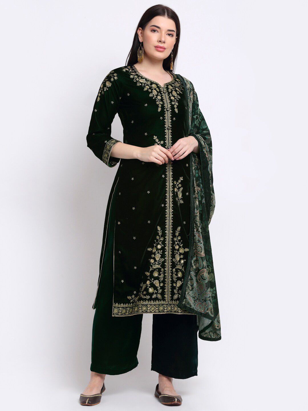 Stylee LIFESTYLE Green & Gold-Toned Embroidered Velvet Unstitched Dress Material Price in India