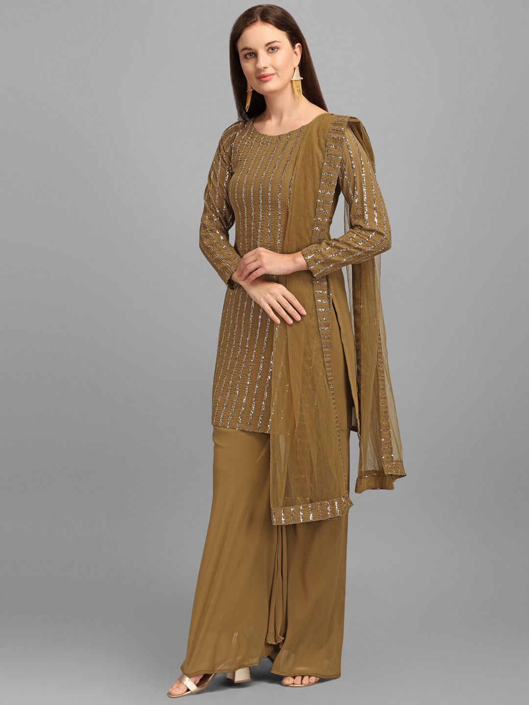 JATRIQQ Brown & Silver-Toned Embellished Semi-Stitched Dress Material Price in India