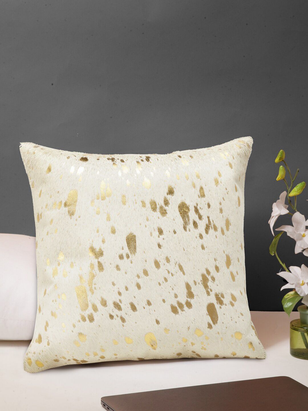 IMUR Cream-Coloured & Gold-Tone Textured Leather Square Cushion Cover Price in India