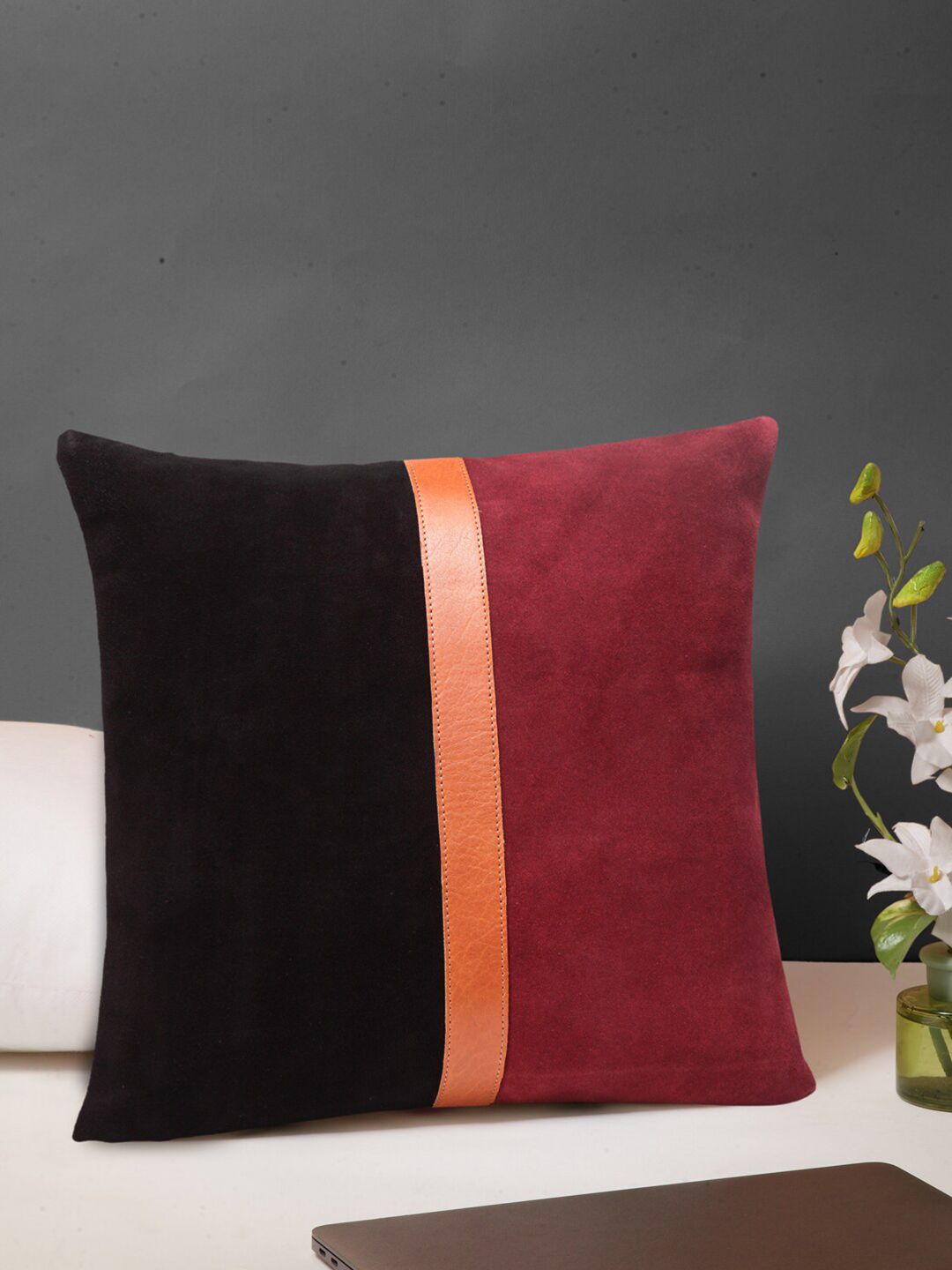 IMUR Black & Maroon Colourblocked Leather Square Cushion Cover Price in India