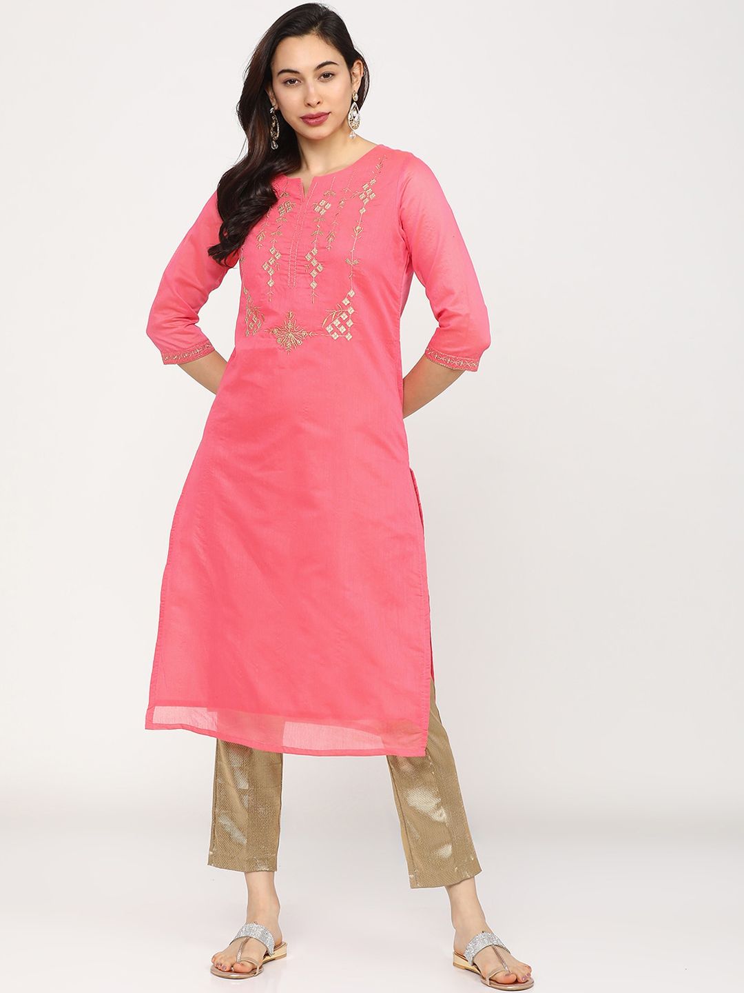 Vishudh Women Pink Embroidered Gotta Patti Straight Kurta Price in India
