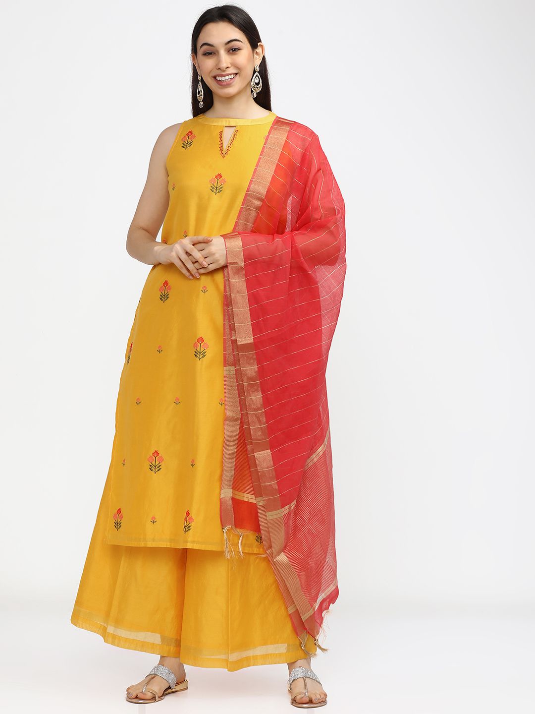 Vishudh Women Yellow Floral Embroidered Regular Kurta with Palazzos Price in India