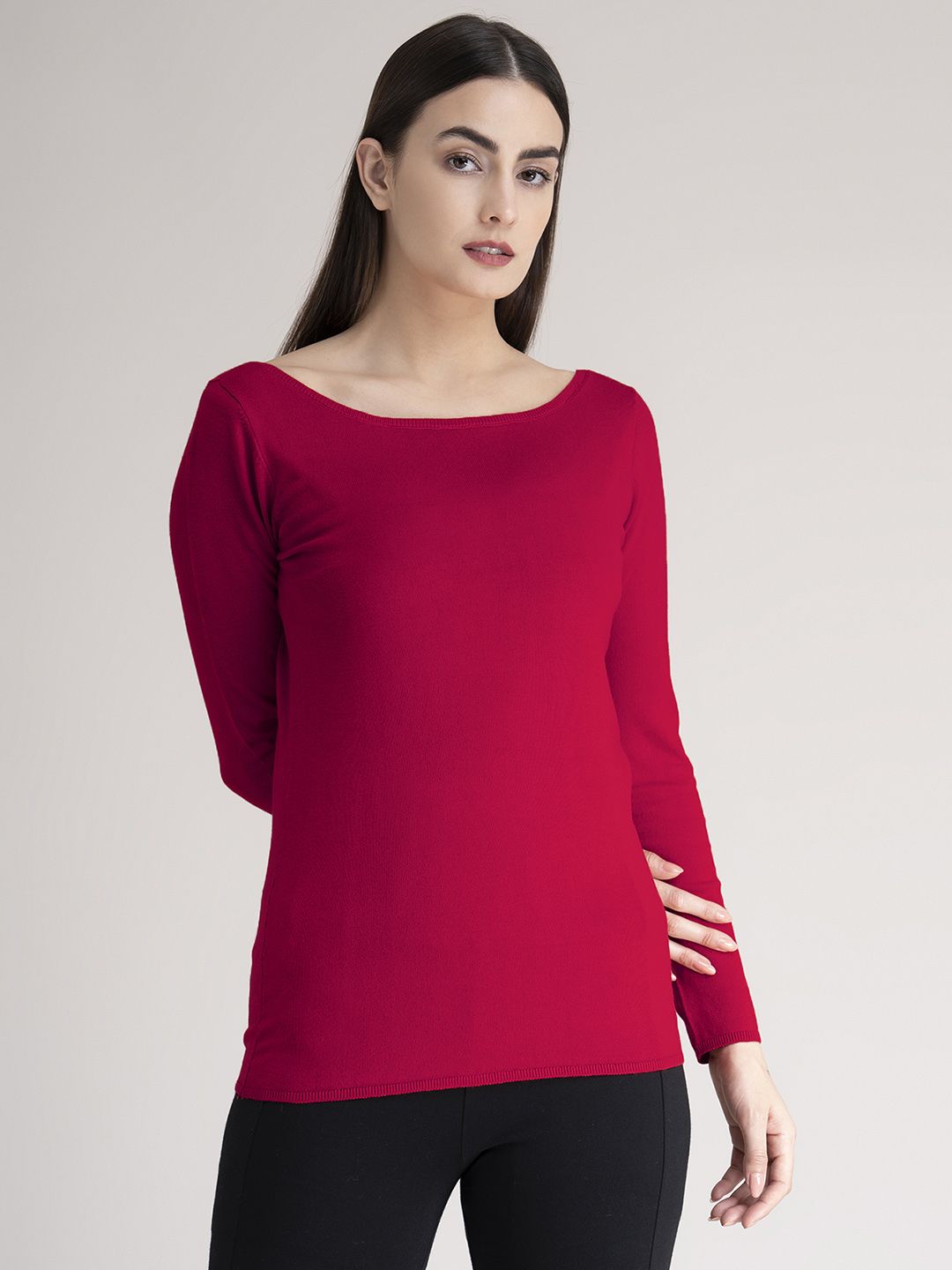 FableStreet Women Magenta Boat Neck Knit Pullover Sweater Price in India