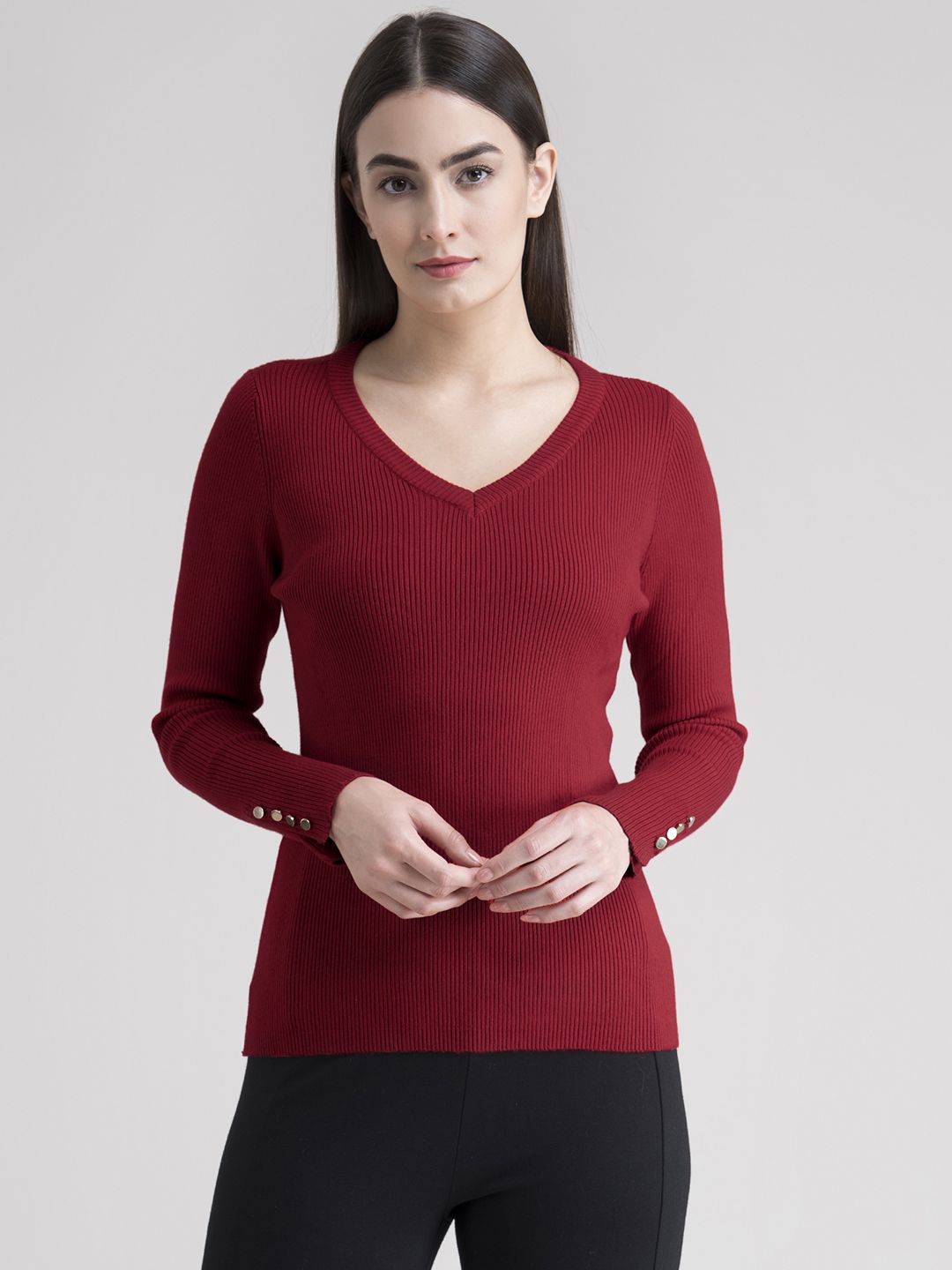 FableStreet Women Red Ribbed Pullover Price in India