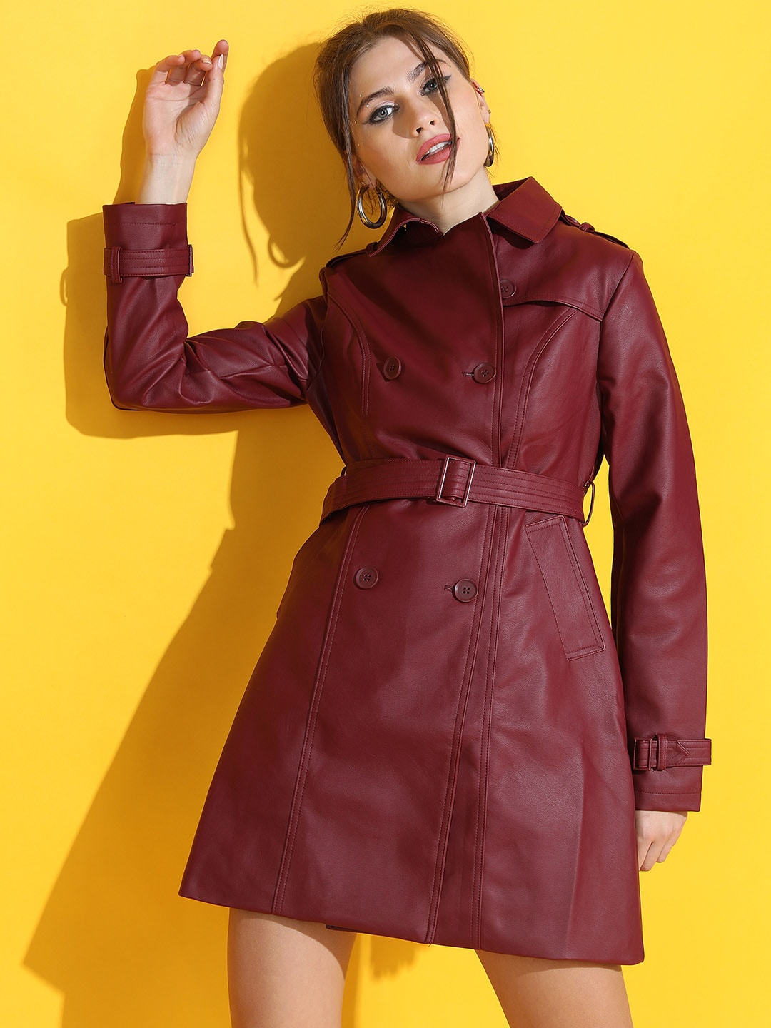 Tokyo Talkies Women Burgundy Faux Leather Longline Tailored Jacket Price in India
