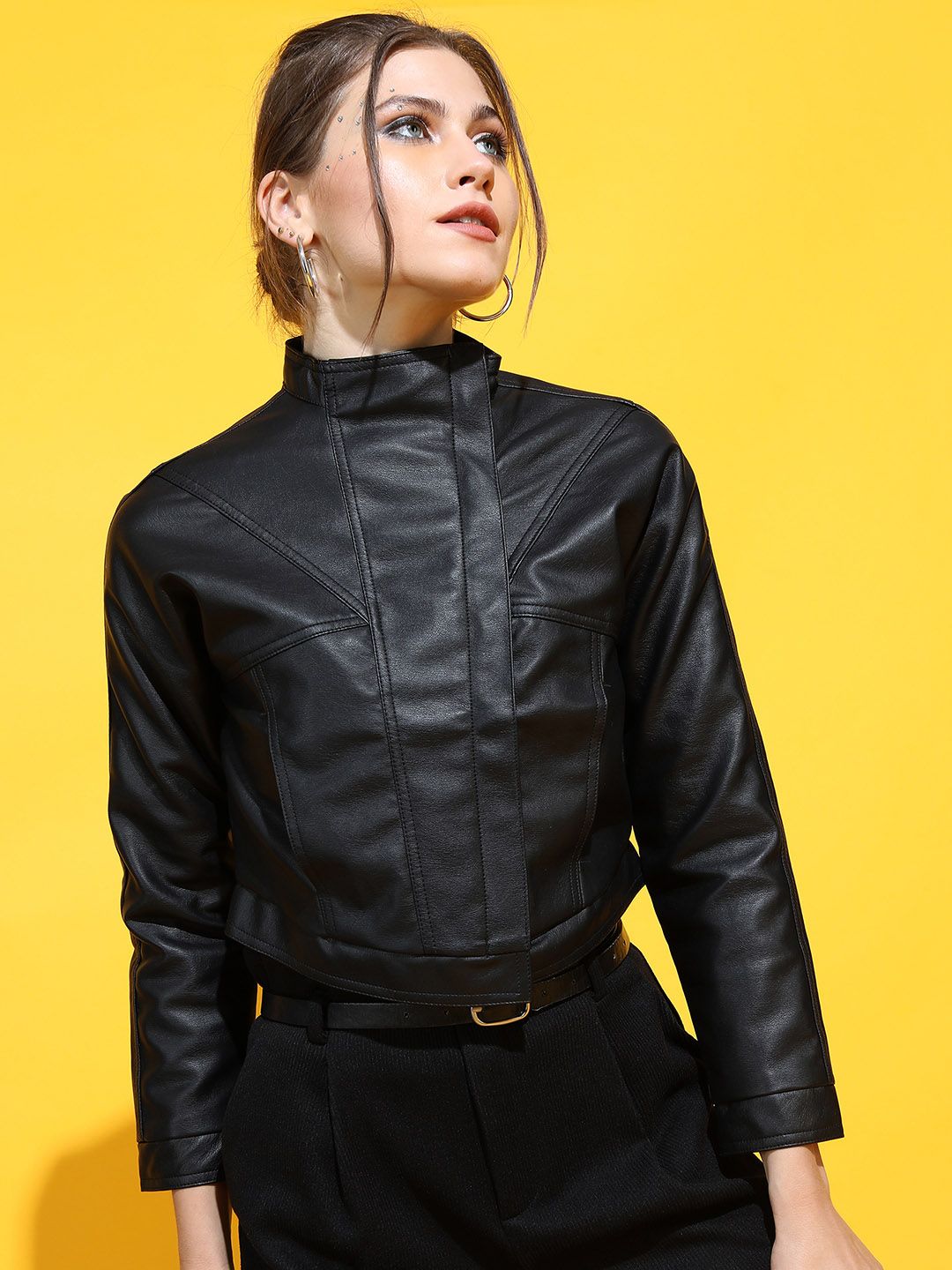 Tokyo Talkies Women Black Leather Crop Tailored Jacket Price in India