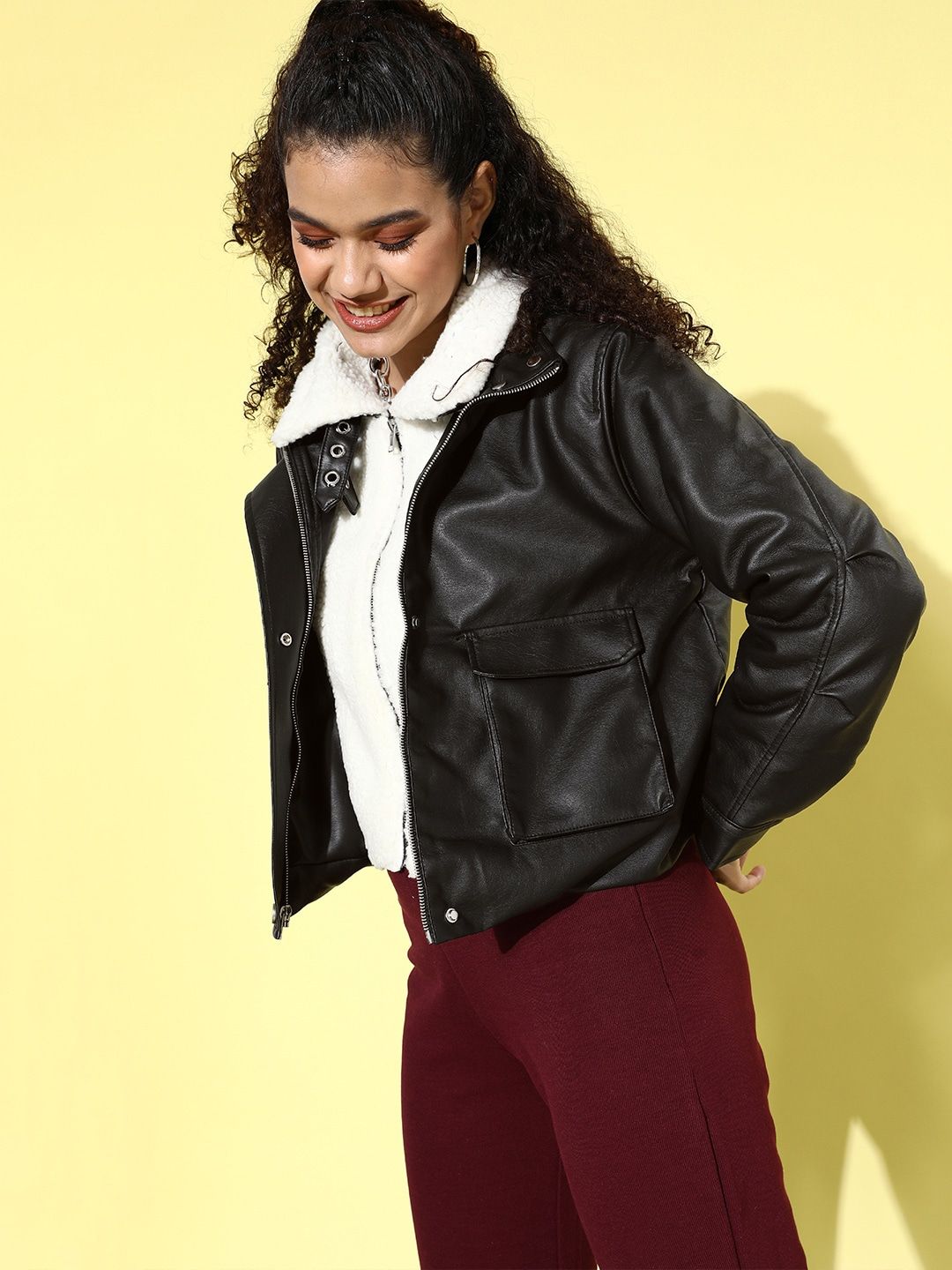 Buy Tokyo Talkies Women Black Crop Leather Jacket - Jackets for