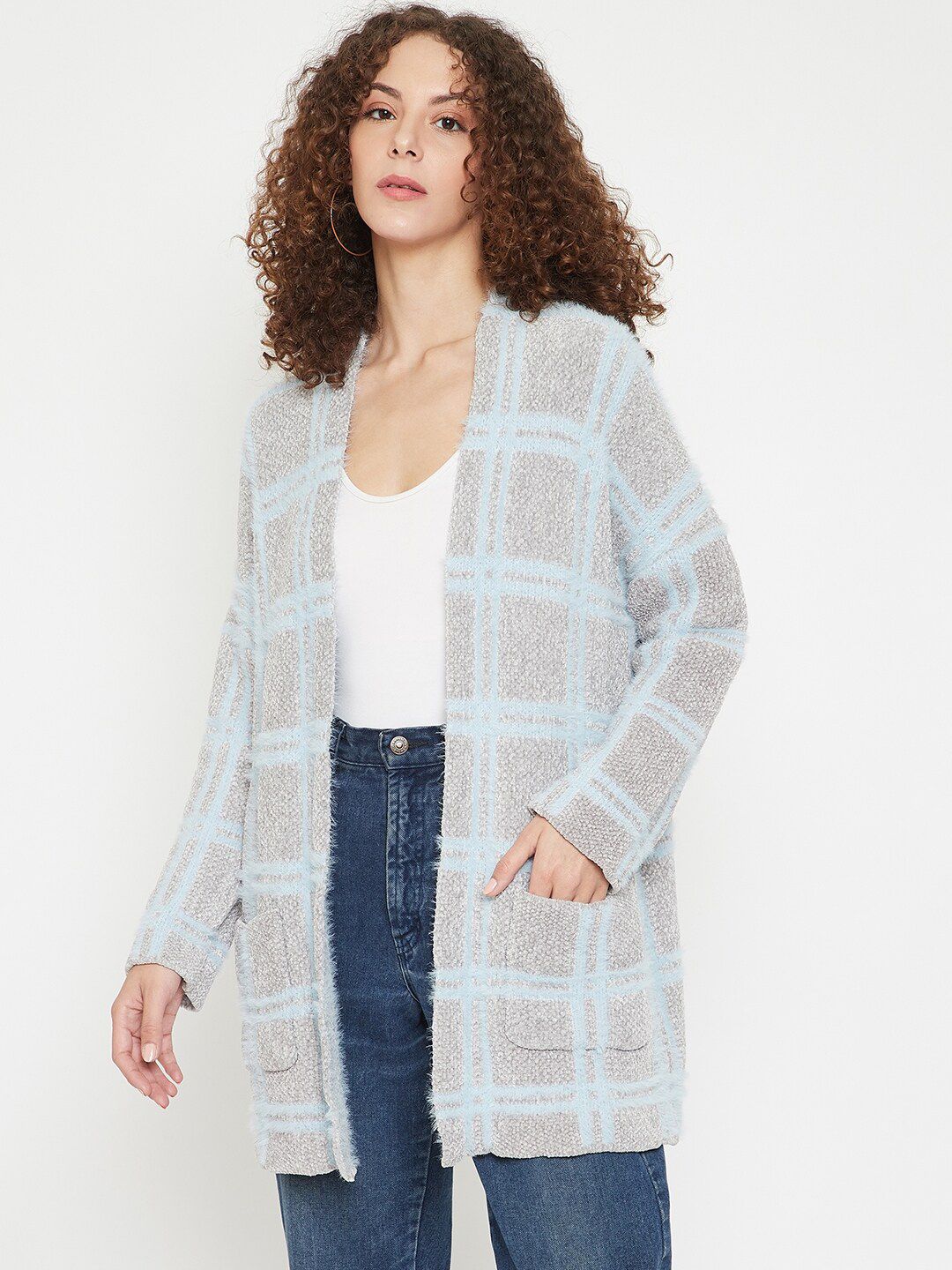 Madame Women Grey & Blue Checked Wool Ribbed Longline Front-Open Price in India