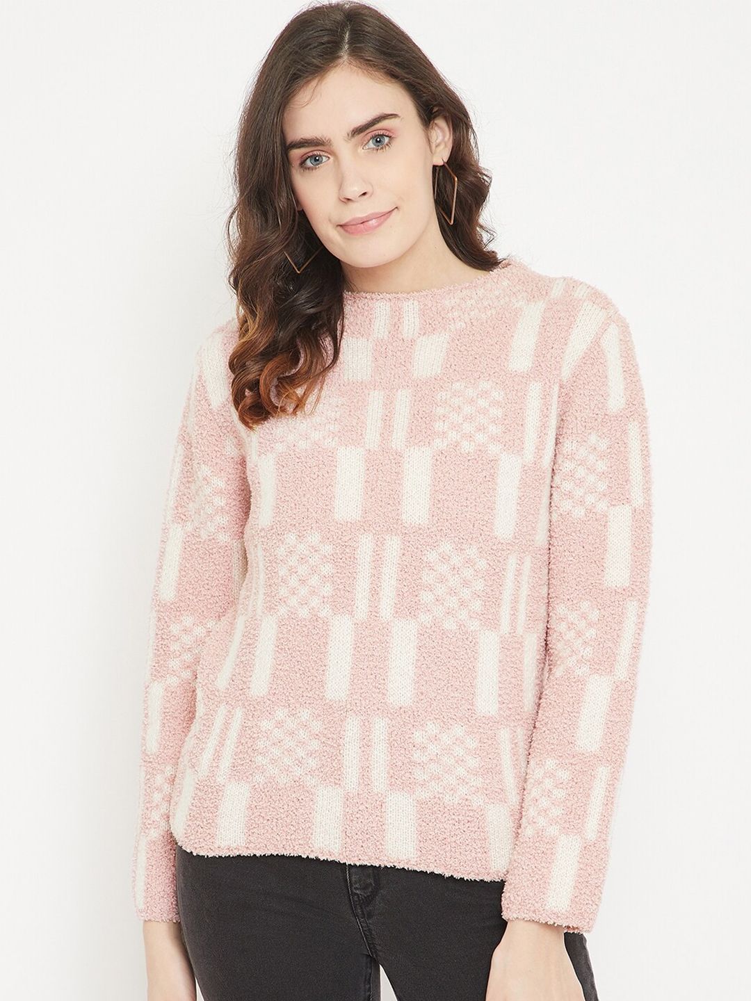 Madame Women Peach-Coloured & White Printed Wool Pullover Price in India