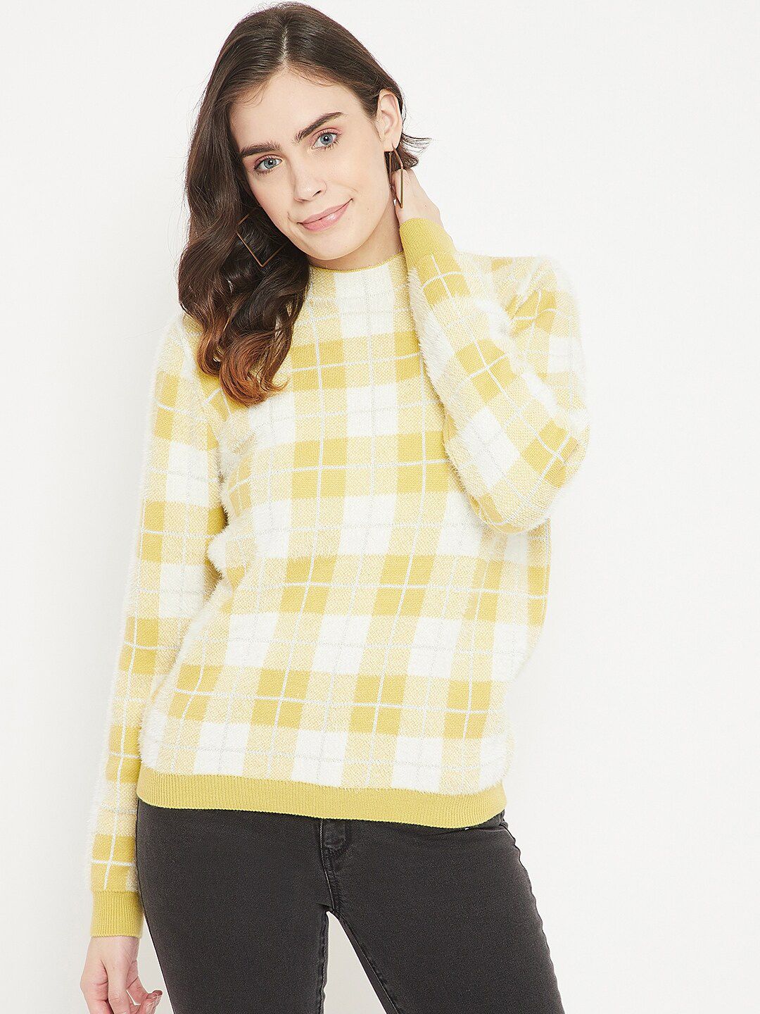 Madame Women Yellow & White Checked Pullover Price in India