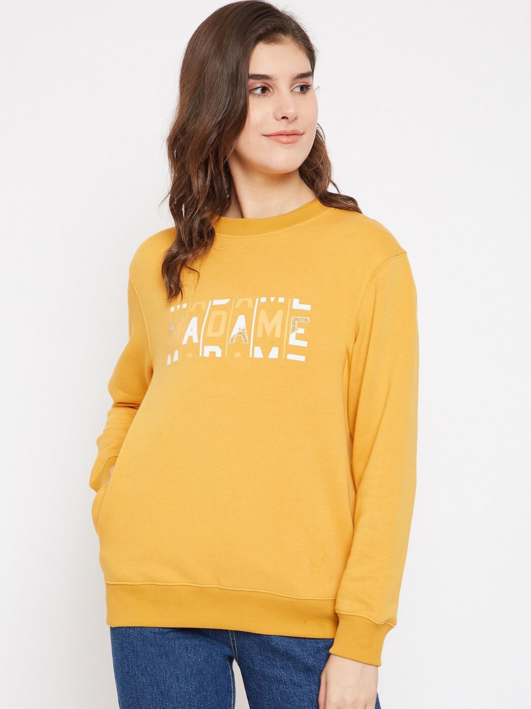 Madame Women Mustard Printed Sweatshirt Price in India