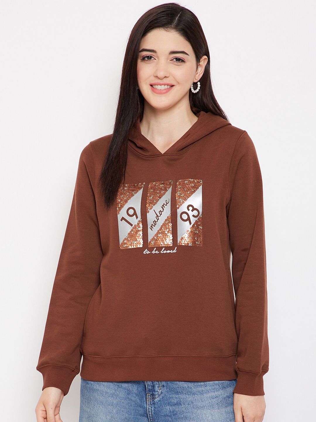 Madame Women Brown Hooded Sweatshirt Price in India