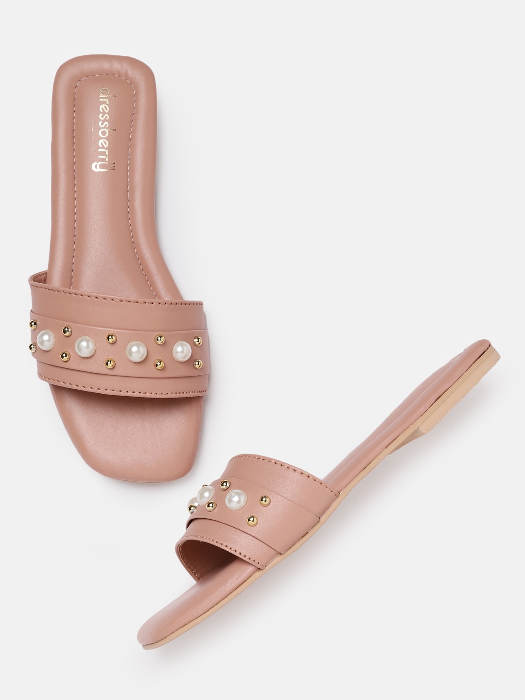 DressBerry Women Peach-Coloured Embellished Open Toe Flats Price in India